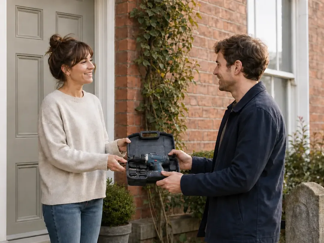 A neighbour handing over a drill kit at her front door